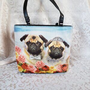 Pugs & Roses Rhinestone studded handbag. Bride and groom couple